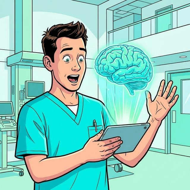 Médico asombrado con holograma de cerebro